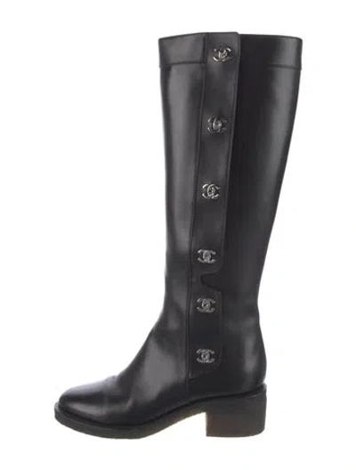 Pre-owned Chanel Interlocking Cc Logo Leather Riding Boots In Black