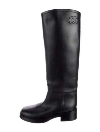 Pre-owned Chanel Interlocking Cc Logo Leather Riding Boots In Black