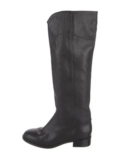 Pre-owned Chanel Interlocking Cc Logo Leather Riding Boots In Black