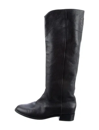 Pre-owned Chanel Interlocking Cc Logo Leather Riding Boots In Black