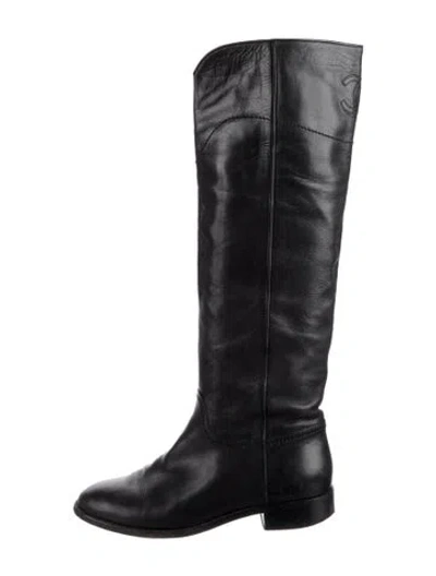 Pre-owned Chanel Interlocking Cc Logo Leather Riding Boots In Black