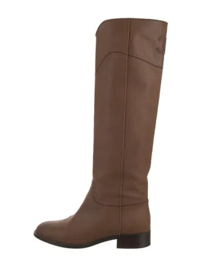 Pre-owned Chanel Interlocking Cc Logo Leather Riding Boots In Brown