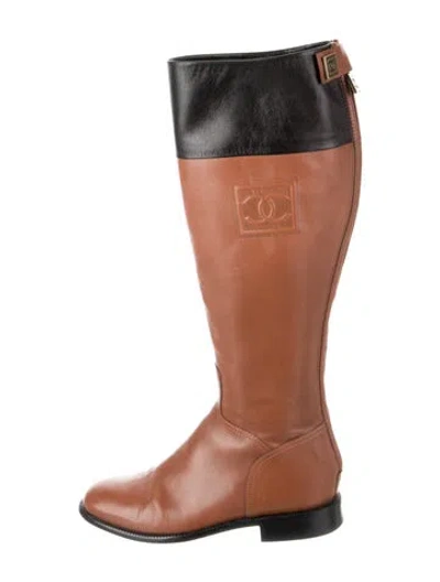 Pre-owned Chanel Interlocking Cc Logo Leather Riding Boots In Brown