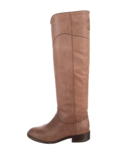 Pre-owned Chanel Interlocking Cc Logo Leather Riding Boots In Brown