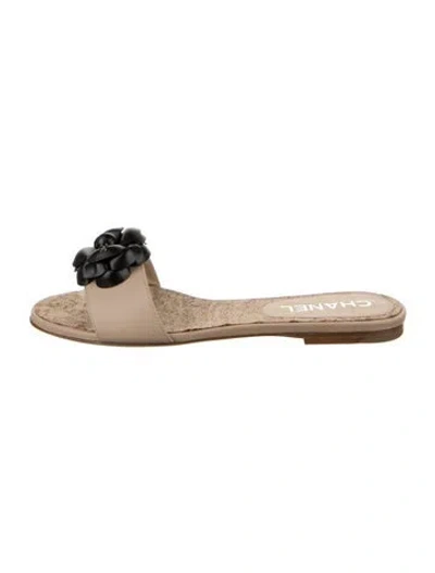 Pre-owned Chanel Interlocking Cc Logo Leather Slides In Neutral