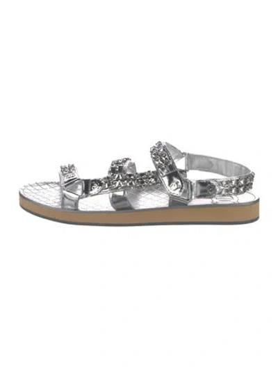 Pre-owned Chanel Interlocking Cc Logo Leather Slides In Silver