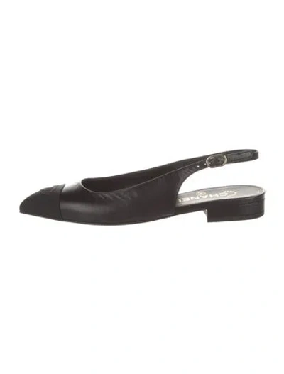 Pre-owned Chanel Interlocking Cc Logo Leather Slingback Flats In Black