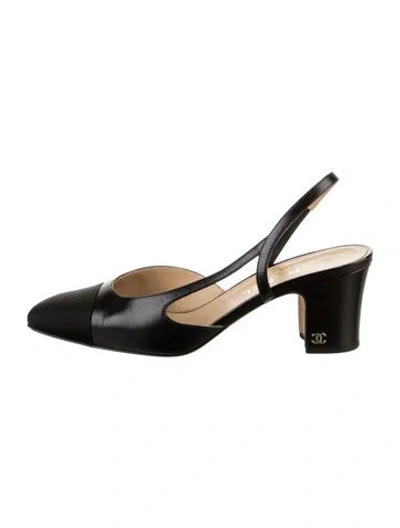 Pre-owned Chanel Interlocking Cc Logo Leather Slingback Pumps In Black