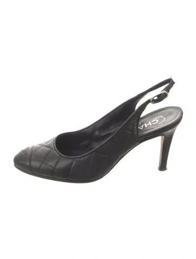 Pre-owned Chanel Interlocking Cc Logo Leather Slingback Pumps In Black
