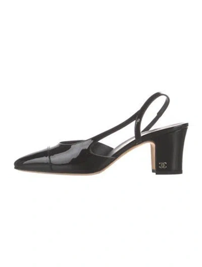 Pre-owned Chanel Interlocking Cc Logo Leather Slingback Pumps In Black