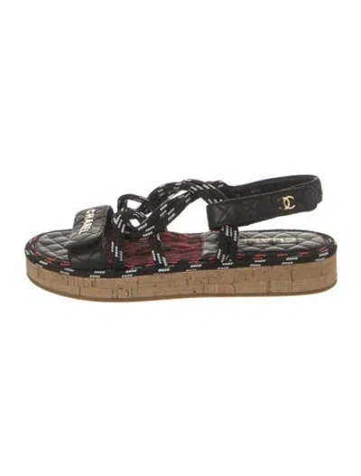 Pre-owned Chanel Interlocking Cc Logo Leather Slingback Sandals In Black