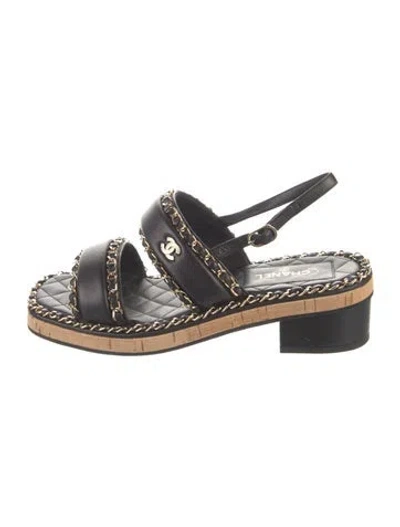 Pre-owned Chanel Interlocking Cc Logo Leather Slingback Sandals In Black