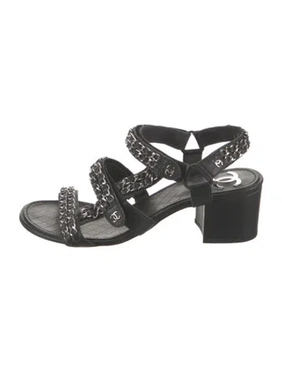 Pre-owned Chanel Interlocking Cc Logo Leather Slingback Sandals In Black