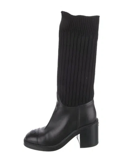 Pre-owned Chanel Interlocking Cc Logo Leather Sock Boots In Black