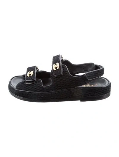 Pre-owned Chanel Interlocking Cc Logo Leather Trim Embellishment Espadrilles In Black