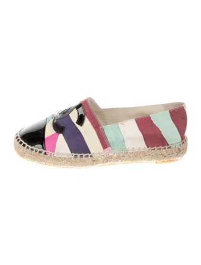 Pre-owned Chanel Interlocking Cc Logo Leather Trim Embellishment Espadrilles In Neutral