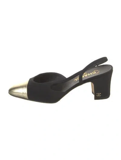 Pre-owned Chanel Interlocking Cc Logo Leather Trim Embellishment Slingback Pumps In Black