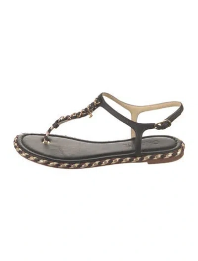 Pre-owned Chanel Interlocking Cc Logo Leather T-strap Sandals In Black
