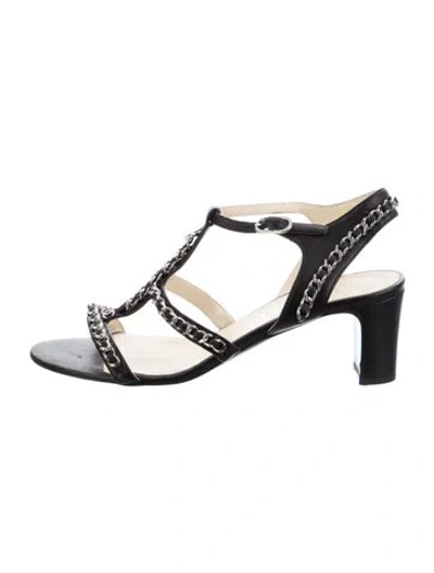 Pre-owned Chanel Interlocking Cc Logo Leather T-strap Sandals In Black