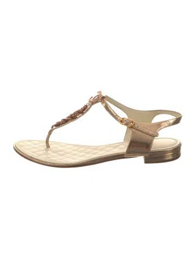 Pre-owned Chanel Interlocking Cc Logo Leather T-strap Sandals In Gold