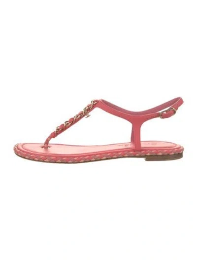 Pre-owned Chanel Interlocking Cc Logo Leather T-strap Sandals In Pink