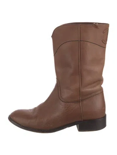 Pre-owned Chanel Interlocking Cc Logo Leather Western Boots In Brown