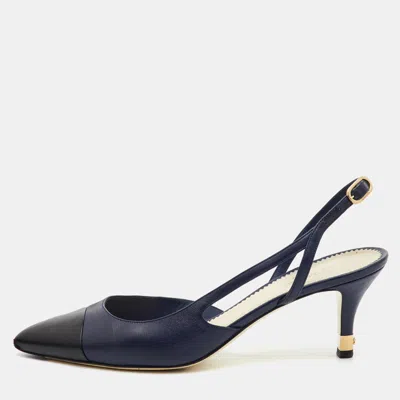 Pre-owned Chanel Interlocking Cc Logo Navy Blue/black Leather Cap Toe Slingback Pumps