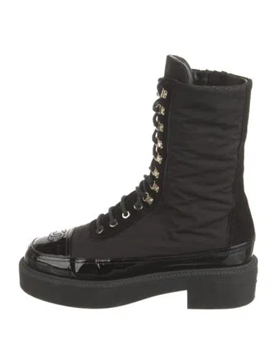 Pre-owned Chanel Interlocking Cc Logo Nylon Combat Boots In Black