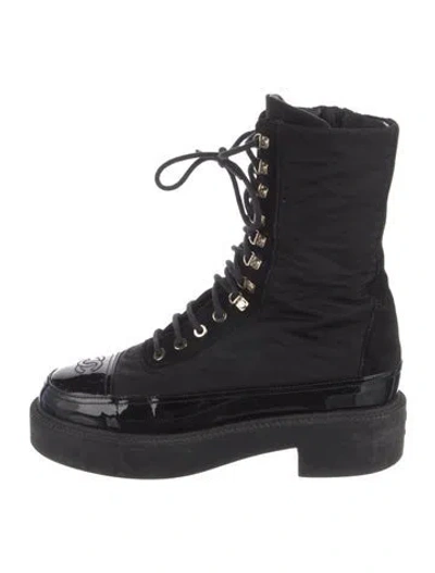 Pre-owned Chanel Interlocking Cc Logo Nylon Combat Boots In Black