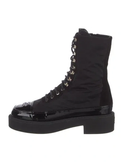 Pre-owned Chanel Interlocking Cc Logo Nylon Combat Boots In Black