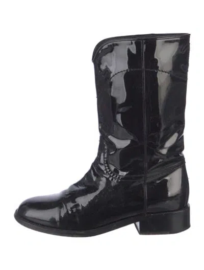 Pre-owned Chanel Interlocking Cc Logo Patent Leather Combat Boots In Black
