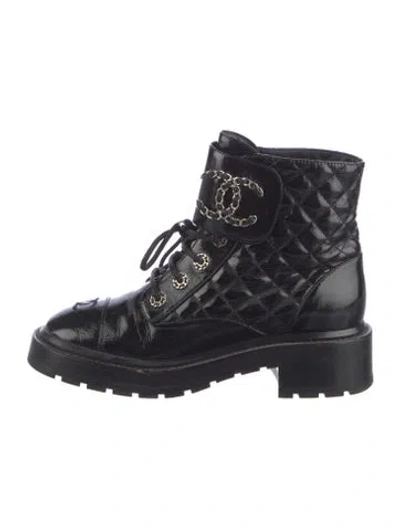 Pre-owned Chanel Interlocking Cc Logo Patent Leather Combat Boots In Multi