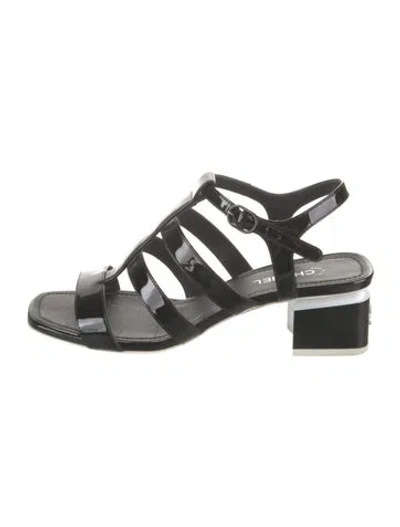 Pre-owned Chanel Interlocking Cc Logo Patent Leather Gladiator Sandals In Black