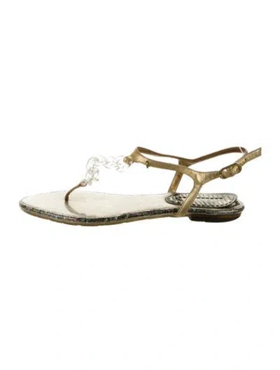 Pre-owned Chanel Interlocking Cc Logo Pvc T-strap Sandals In Gold