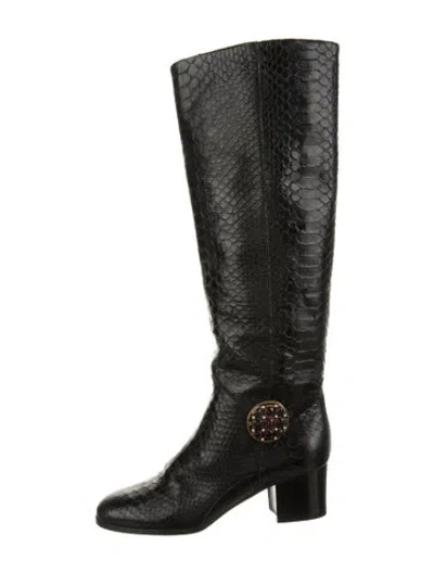 Pre-owned Chanel Interlocking Cc Logo Python Riding Boots In Black
