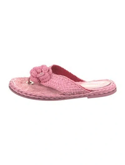 Pre-owned Chanel Interlocking Cc Logo Raffia Flip Flops In Pink