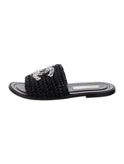 Pre-owned Chanel Interlocking Cc Logo Raffia Slides In Black