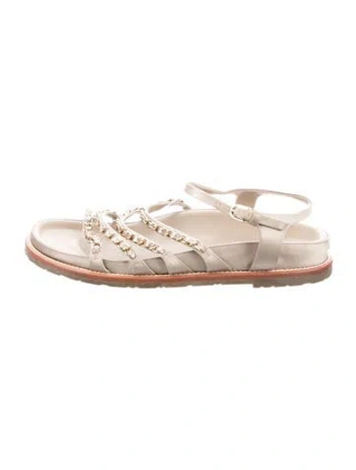 Pre-owned Chanel Interlocking Cc Logo Satin Sandals In Gold/neutrals