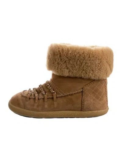 Pre-owned Chanel Interlocking Cc Logo Shearling Lace-up Boots In Brown