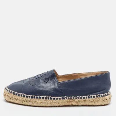 Pre-owned Chanel Interlocking Cc Logo Size 39 Navy Blue Leather Espadrille Flats