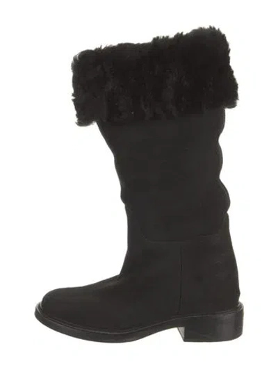 Pre-owned Chanel Interlocking Cc Logo Suede Boots In Black
