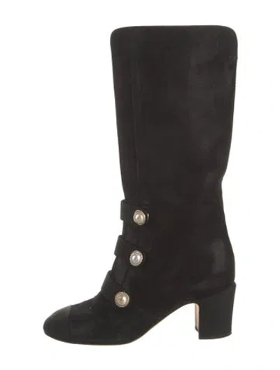 Pre-owned Chanel Interlocking Cc Logo Suede Boots In Black
