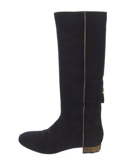 Pre-owned Chanel Interlocking Cc Logo Suede Boots In Black