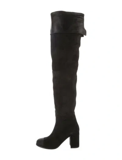 Pre-owned Chanel Interlocking Cc Logo Suede Boots In Black