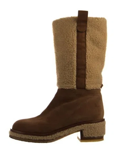 Pre-owned Chanel Interlocking Cc Logo Suede Boots In Brown