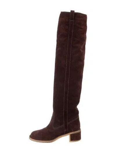 Pre-owned Chanel Interlocking Cc Logo Suede Boots In Brown/burgundy