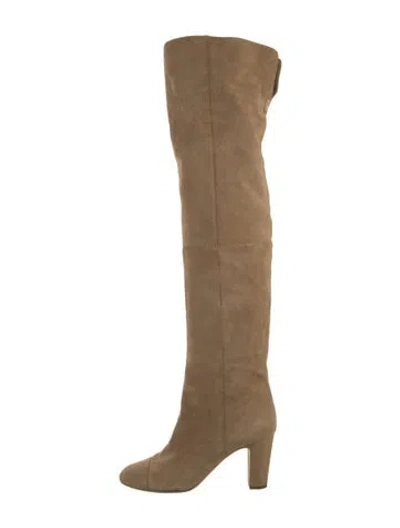 Pre-owned Chanel Interlocking Cc Logo Suede Boots In Neutral