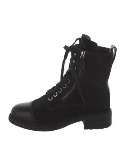 Pre-owned Chanel Interlocking Cc Logo Suede Combat Boots In Black