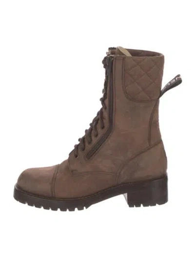 Pre-owned Chanel Interlocking Cc Logo Suede Combat Boots In Brown