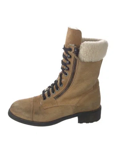 Pre-owned Chanel Interlocking Cc Logo Suede Combat Boots In Neutral